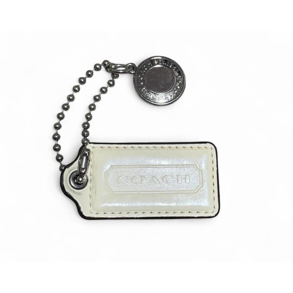 Coach Cream Patent Leather Hang Tag Keychain Bag Charm Silver Ball Chain